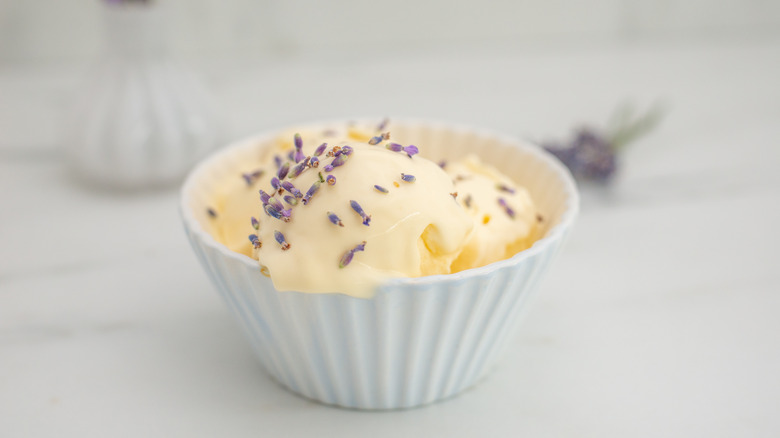 purple lavender on ice cream