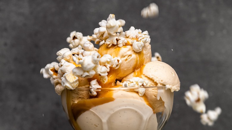 popcorn on caramel ice cream