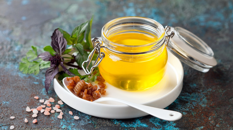 Duck fat in clear jar