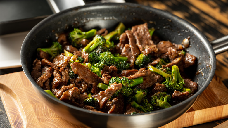 Beef and broccoli in skillet