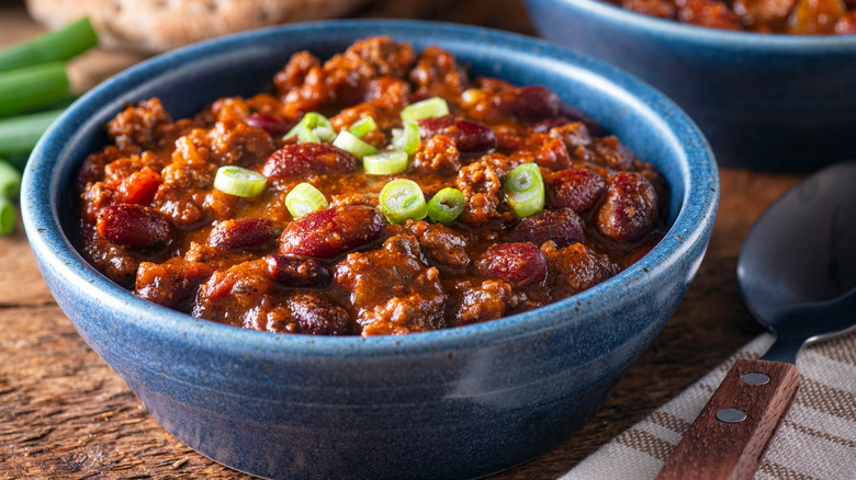 Blue bowl of beef chili