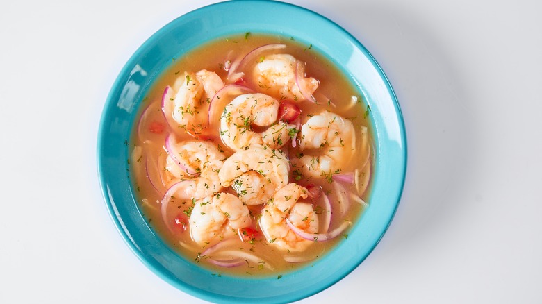 shrimp ceviche in blue bowl