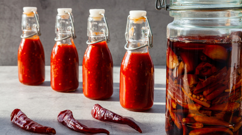 Bottles of homemade hot sauce