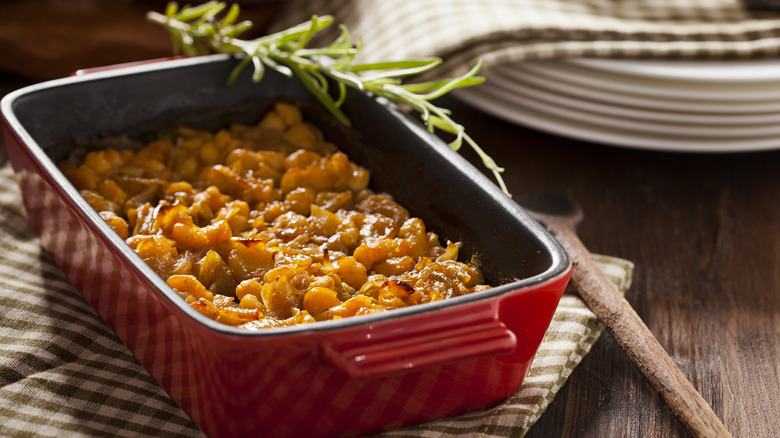 Baked beans in casserole dish