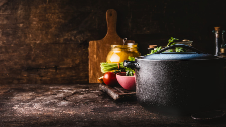 cast iron pot with vegetables