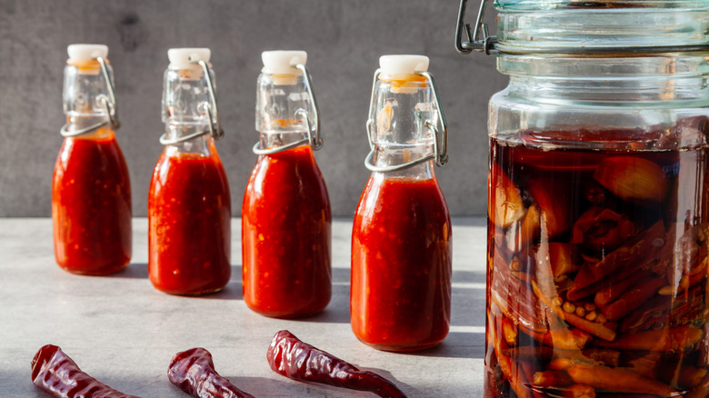 glass bottles of hot sauce