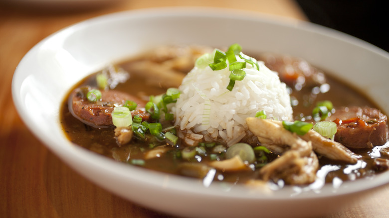 gumbo with rice in bowl