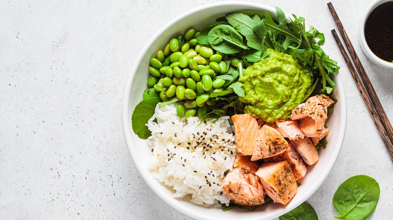 salmon and vegetables in bowl