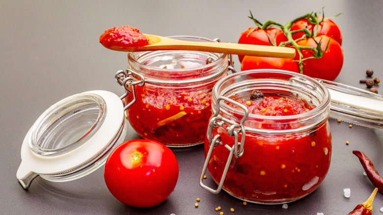Tomato jam in jars