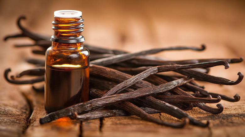 A bottle of vanilla extract sitting next to vanilla pods