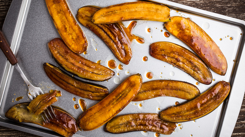 caramelized bananas on baking sheet