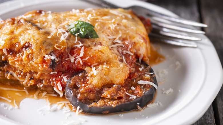 eggplant parmesan on white plate