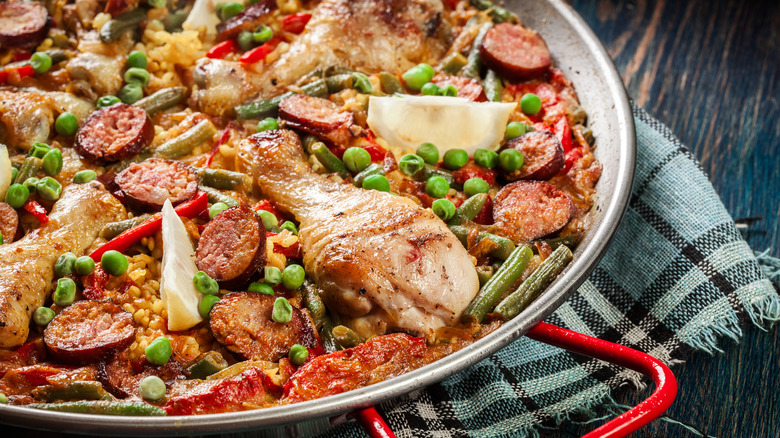 Chicken, sausage, and chorizo paella