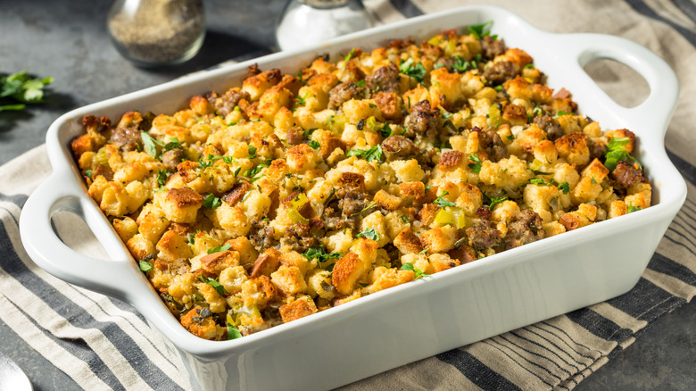 Thanksgiving stuffing in casserole dish