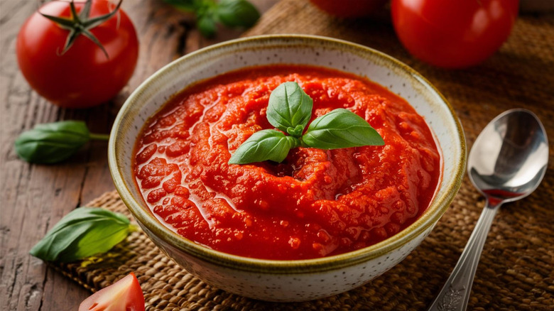 Bowl of marinara sauce topped with a sprig of basil