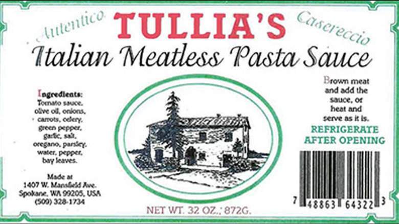 Tullia's Italian Meatless Pasta Sauce label