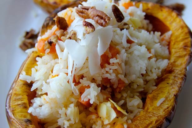 Coconut-Scented Sweet Potato Jasmine Rice Stuffed in Butternut Squash Bowls Recipe