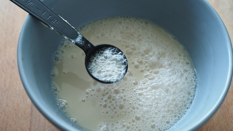 Activated yeast bubbling in blue bowl