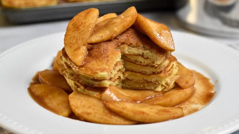 Buttermilk pancakes with apple topping on a plate