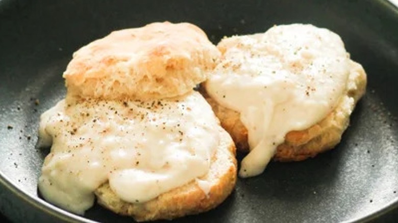 Biscuits and gravy on a plate