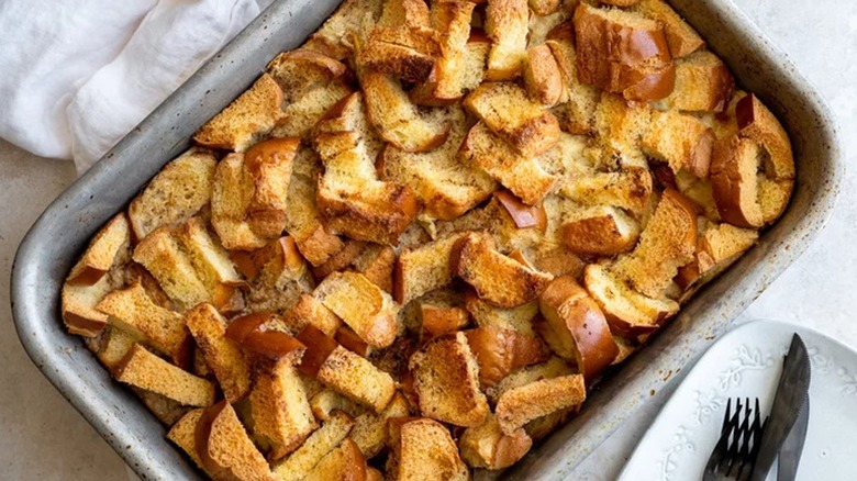 Top-down view of bread pudding in a sheet pan