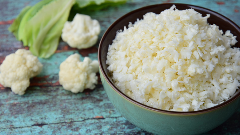 Cauliflower rice in blue bowl