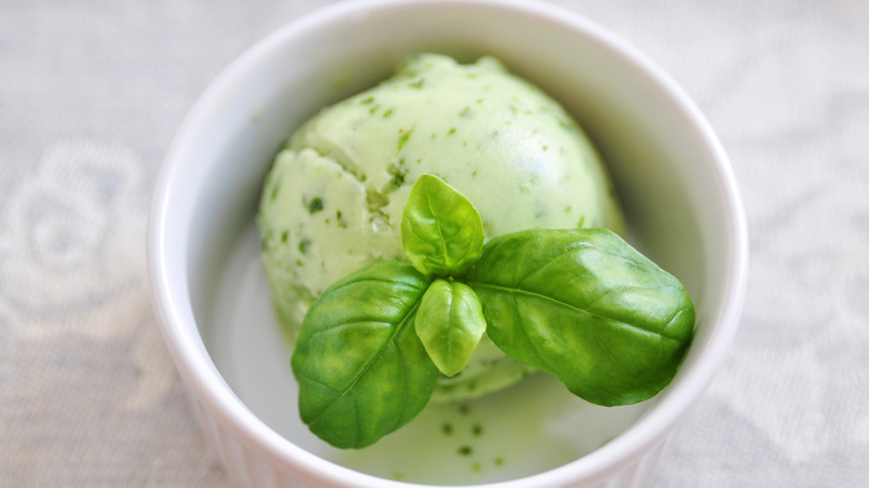 Basil ice cream white dish