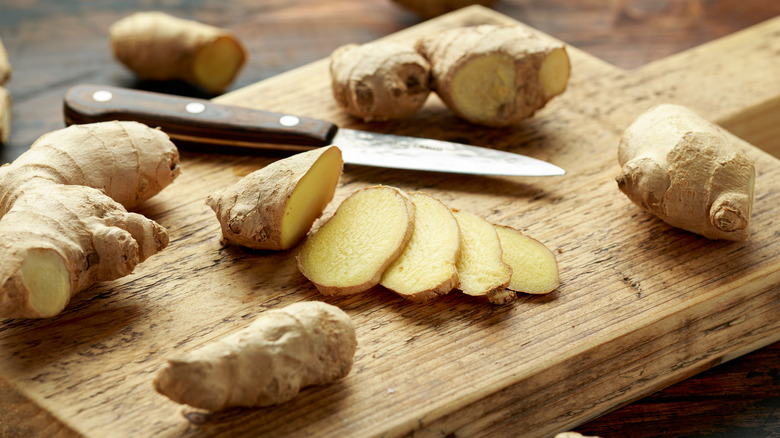 fresh ginger on cutting board