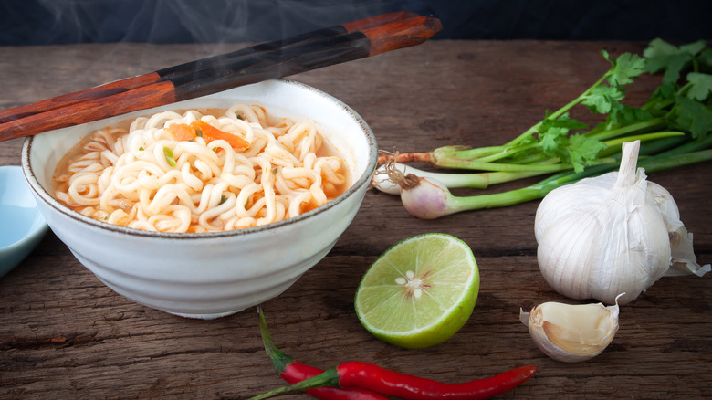 ramen bowl and garlic bulb