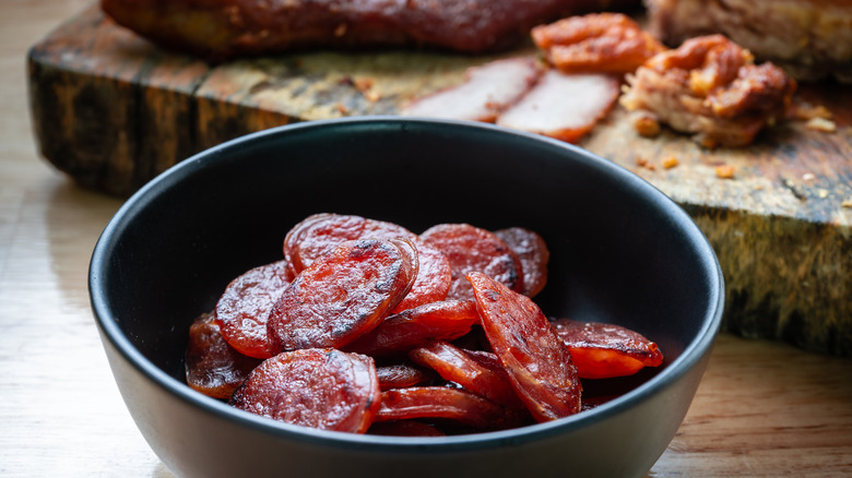 bowl of sliced chinese sausage