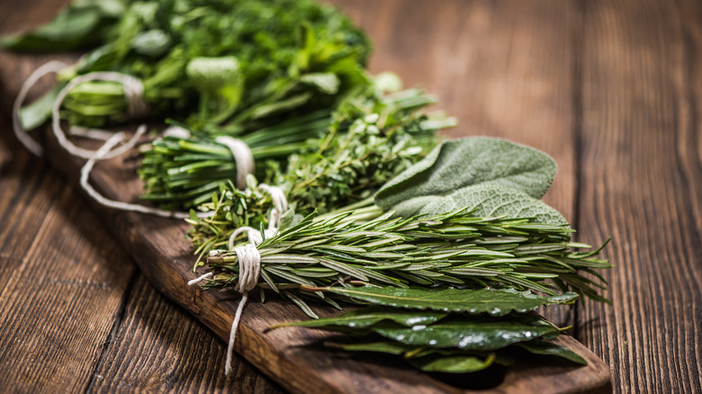 Bundles of fresh herbs