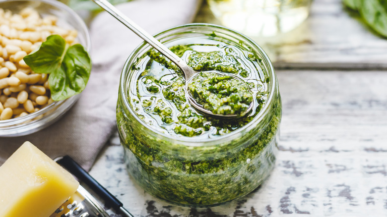 Glass jar of pesto