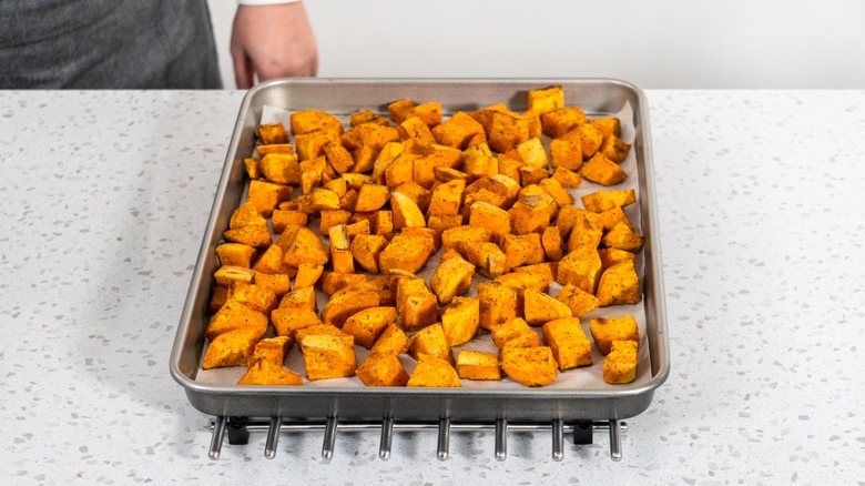 Sweet potato cubes on tray