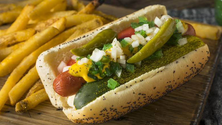 chicago hot dog and fries