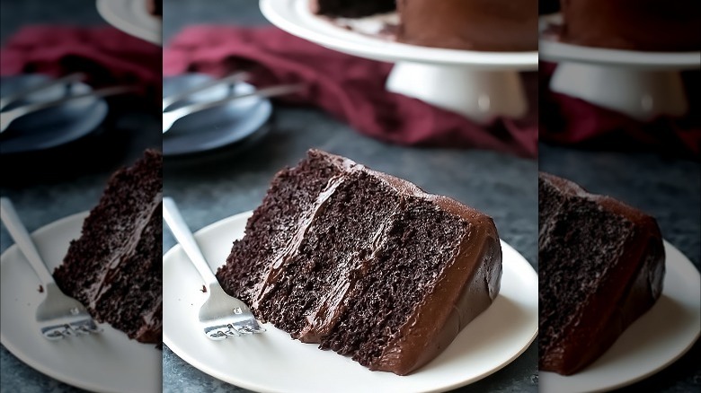 plated chocolate cake slice