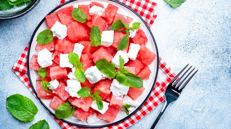 watermelon and cheese with mint