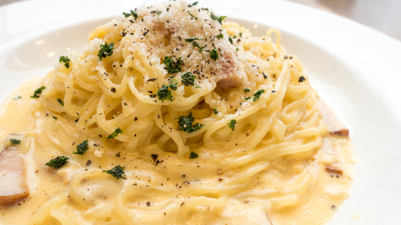 Close up carbonara pasta dish