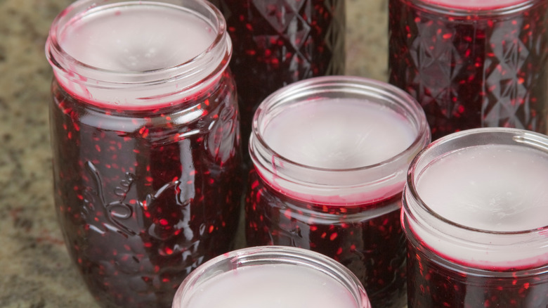 Jars of jam covered in wax