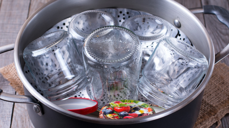 Glass jars in steam basket