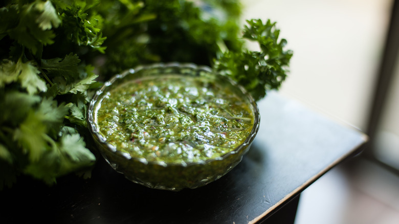 Bowl of chimichurri sauce surrounded by fresh parsley