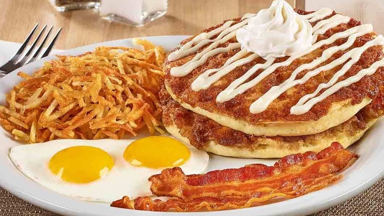 Cinnamon Roll pancake breakfast with sides