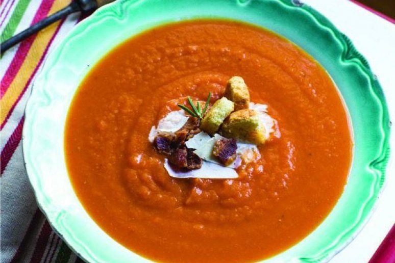 Winter Pumpkin Soup With Parmesan Croutons and Bacon Chips