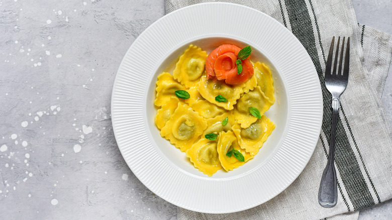 Smoked salmon ravioli on plate