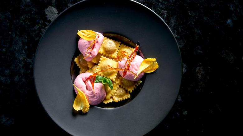 Ravioli with ice cream and herbs