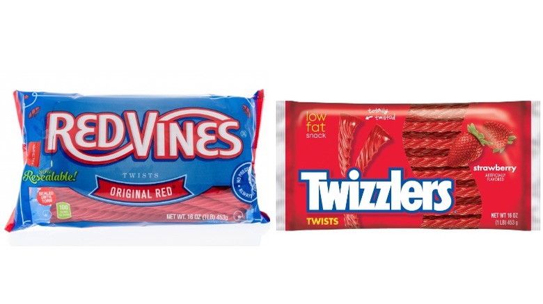 bag of Red Vines on the left and Twizzlers on the right