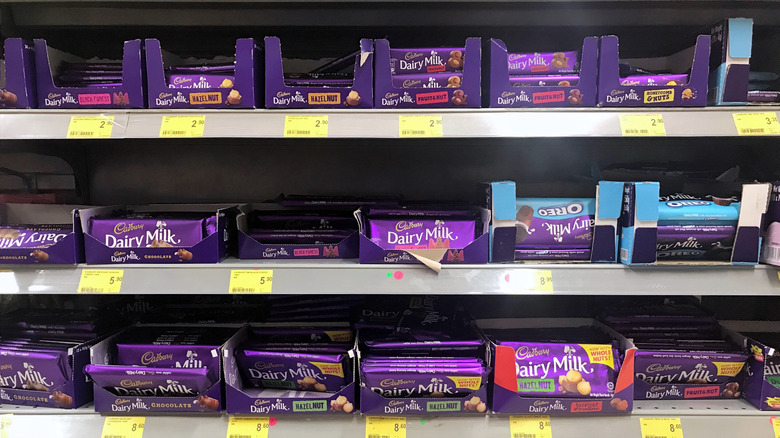 Cadbury chocolate bars on shelf