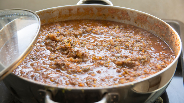 bolognese cooking in pot