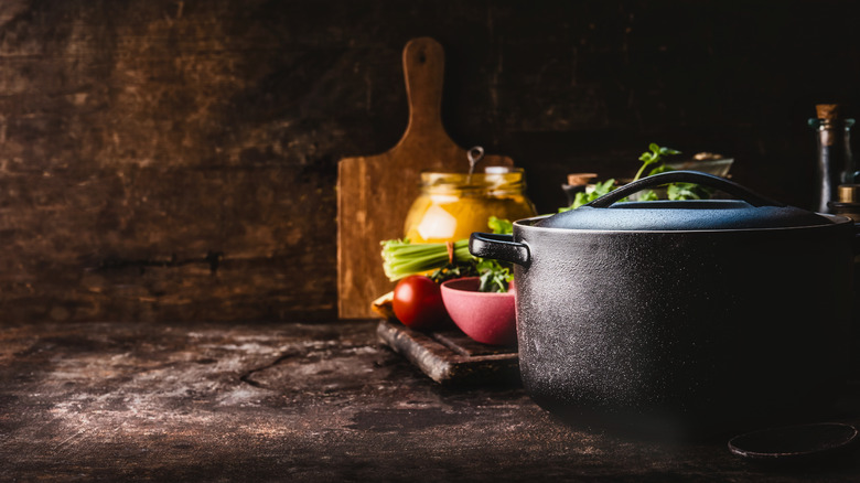 cast iron pot with vegetables