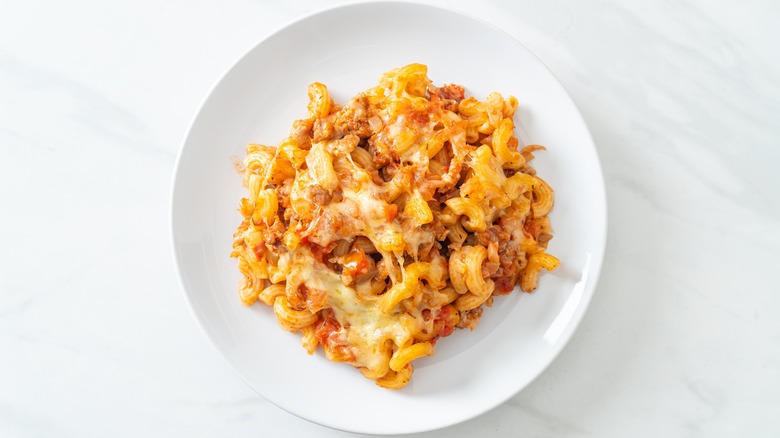 macaroni bolognese on a plate