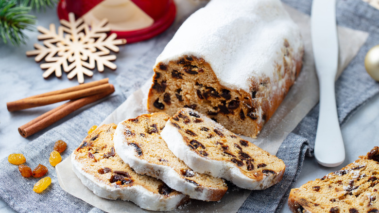 Christmas stollen cake sliced